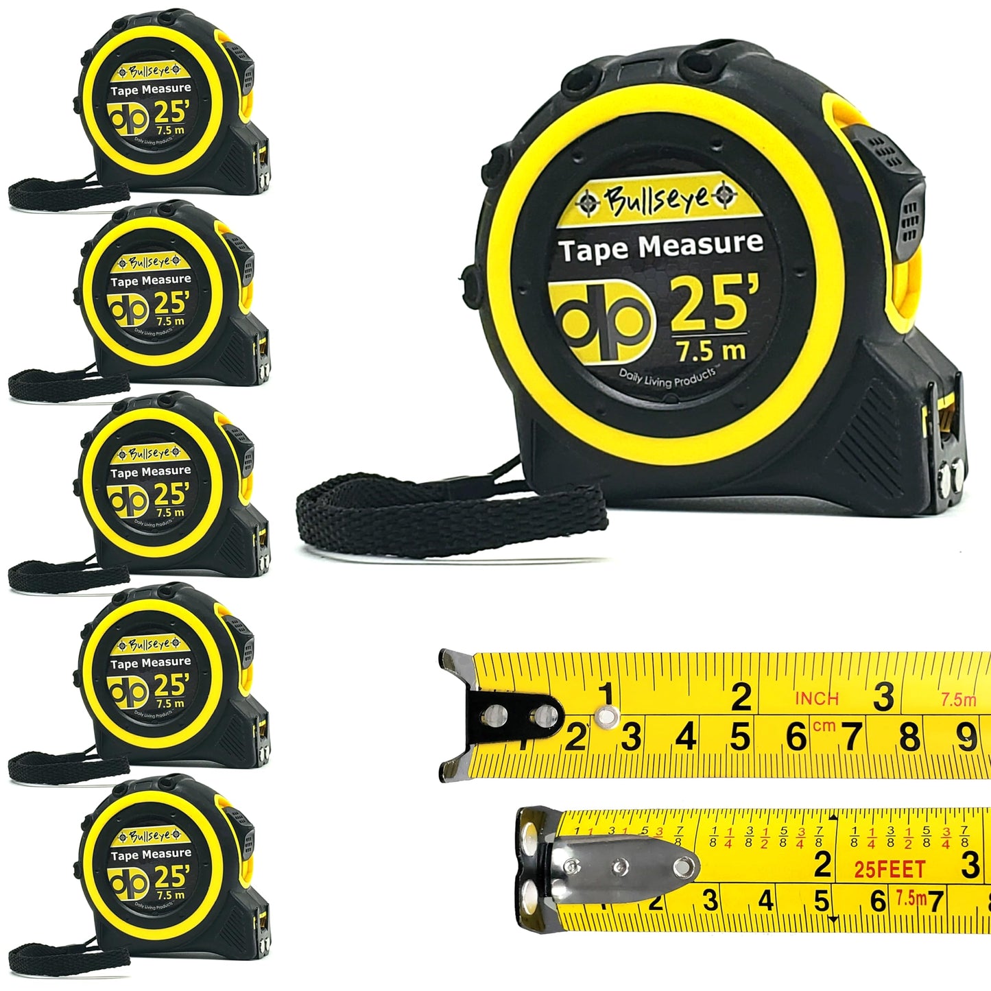 Bullseye 25 Ft Tape Measure with Magnetic Hook - 6 Pack - 1" Double-Sided Blade - Tape Measures with Imperial & Metric Measurements - Retractable Measuring Tapes with Fractions