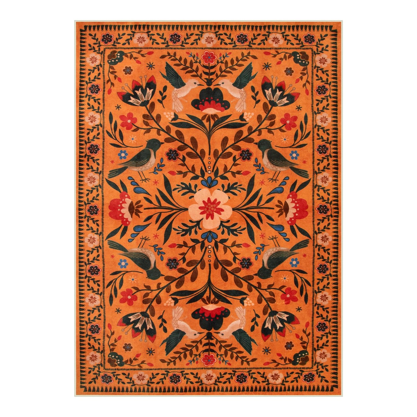 Moynesa Bedroom Rug 5x7, Washable Bohemian Scandinavian Orange Area Rugs for Living Room Dining Room Reading Coner, Modern Country Floral Bird Carpet, Fall Home Decor Non-Slip Protection