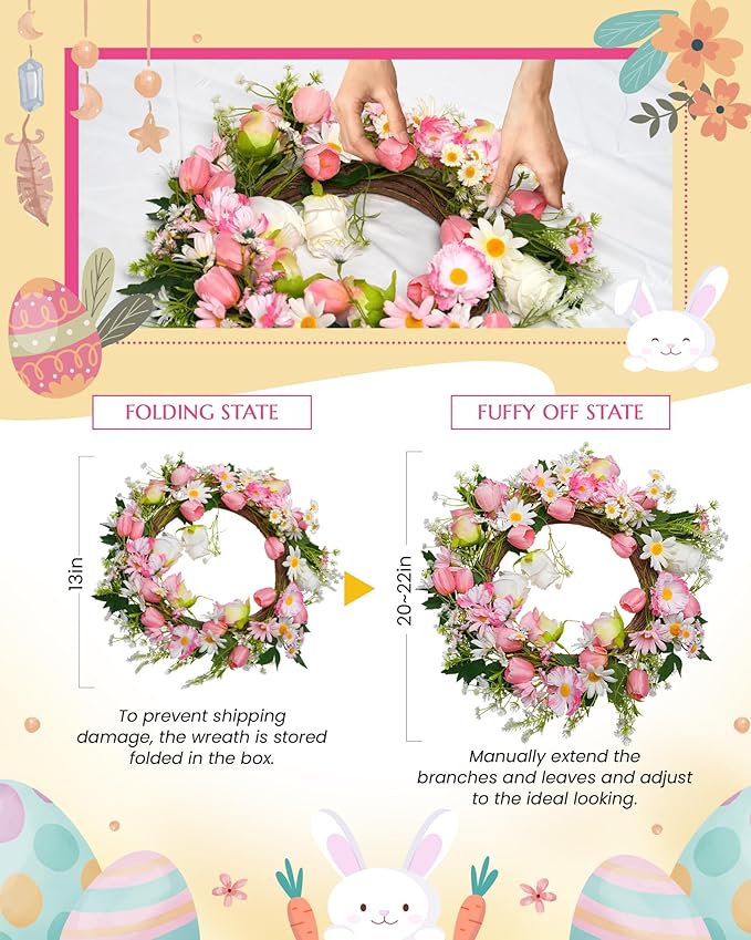 Spring Summer Wreath for Front Door 20”, Artificial Flower Door Wreath with Pink White Roses Tulip Dasiy Wreaths with Hook for Windows Wall Deco Indoor Outdoor