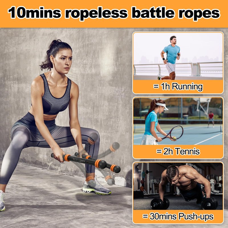 2PCS Adjustable Weighted Ropeless Battle Ropes, Heavy Duty Cordless Battle Rope for HIIT & Cardio Full-Body Workout Tool with Non-Slip Spiral Handles, Home Gym Equipment for Women & Men (Black)