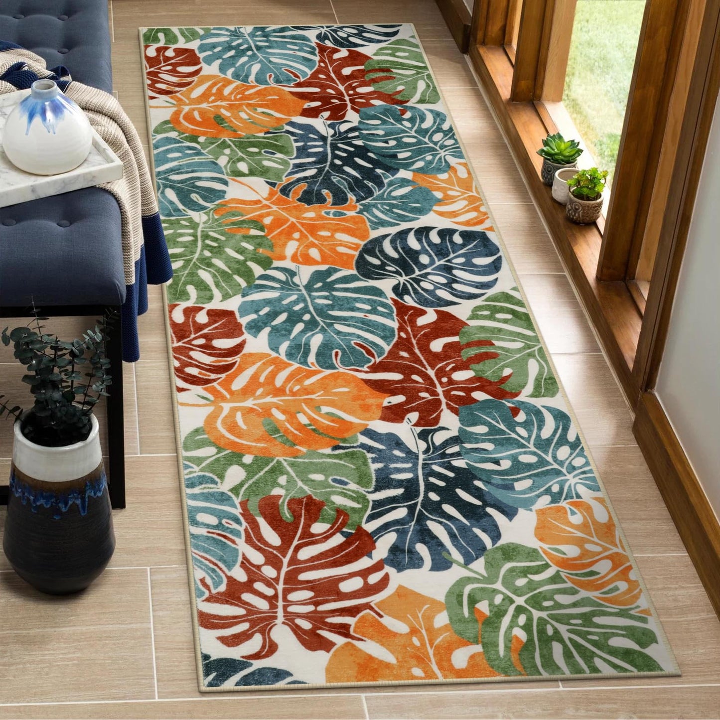 Wonnitar Tropical Washable Runner Rug 2x6, Non-Slip Colorful Leaf Runner Rugs for Kitchen, Low Pile Coastal Soft Bathroom Carpet Floor Throw Mat for Laundry Room Entrance Hallway