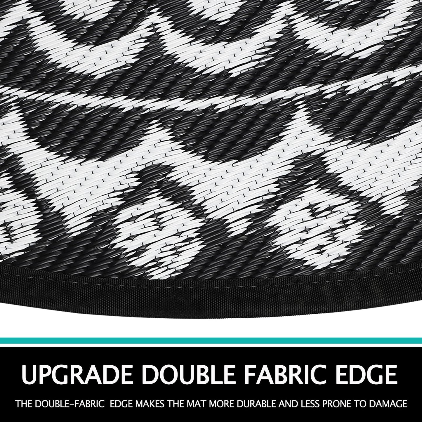 Capslpad 6Ft Round Outdoor Rug for Patio Reversible Mat Boho Circle Indoor Outside Area Rug Waterproof Plastic Straw Rug for RV Camping Picnic Pool Tent Beach Deck Balcony Doormats Decor, Black