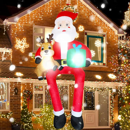 9.5 FT Christmas Inflatable Outdoor Decoration Giant Sitting Santa Claus Christmas Inflatables with LED Lights Climbing Santa Inflatable Blow Up Yard Decorations for Xmas Roof Eaves Lawn