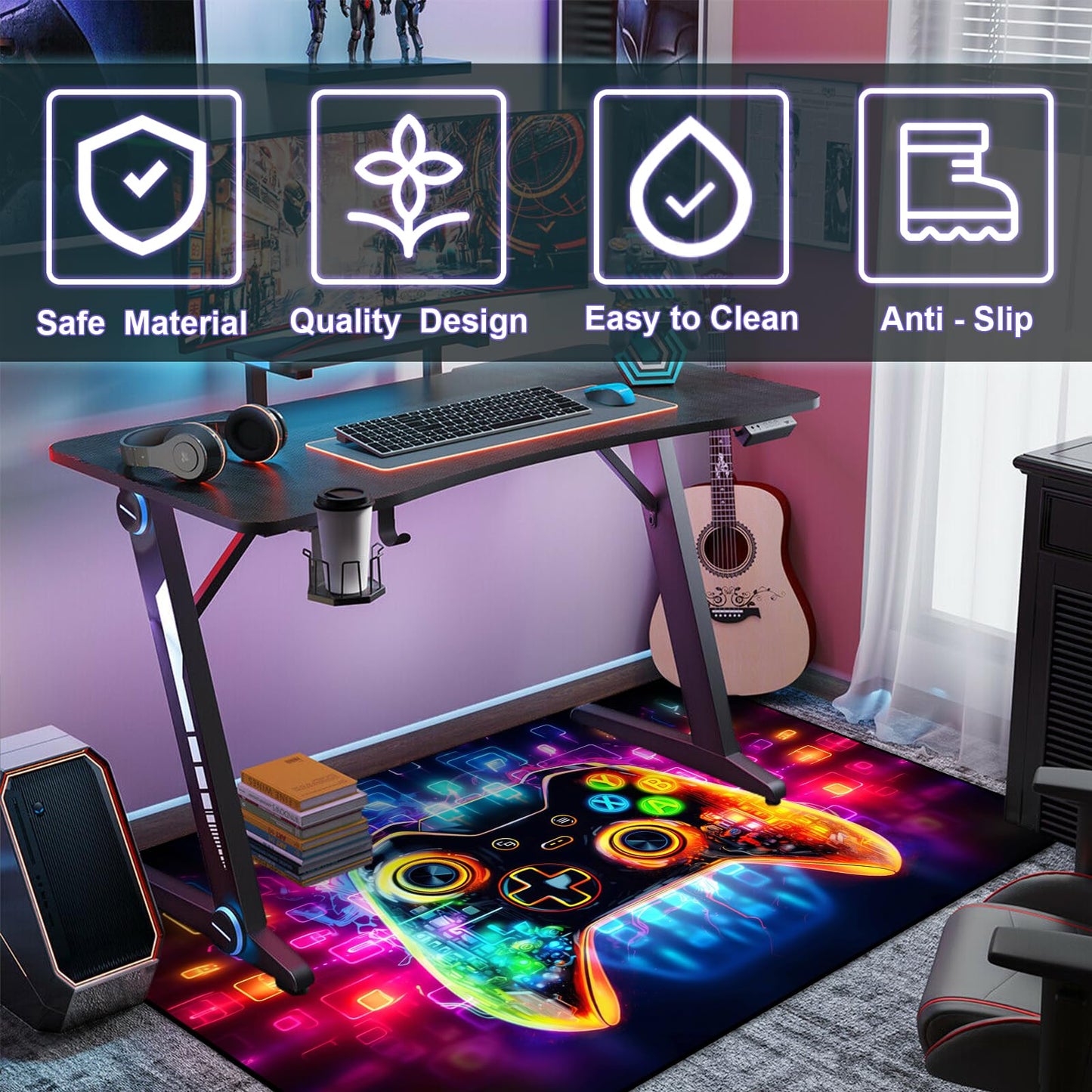 KALERA Gaming Area Rug, Transparent Gamepad and Colorful Lighting Background, Modern, Multicolor, 5' x 3'4" (Rectangular), Boys Girls Bedroom Playroom, Living Room