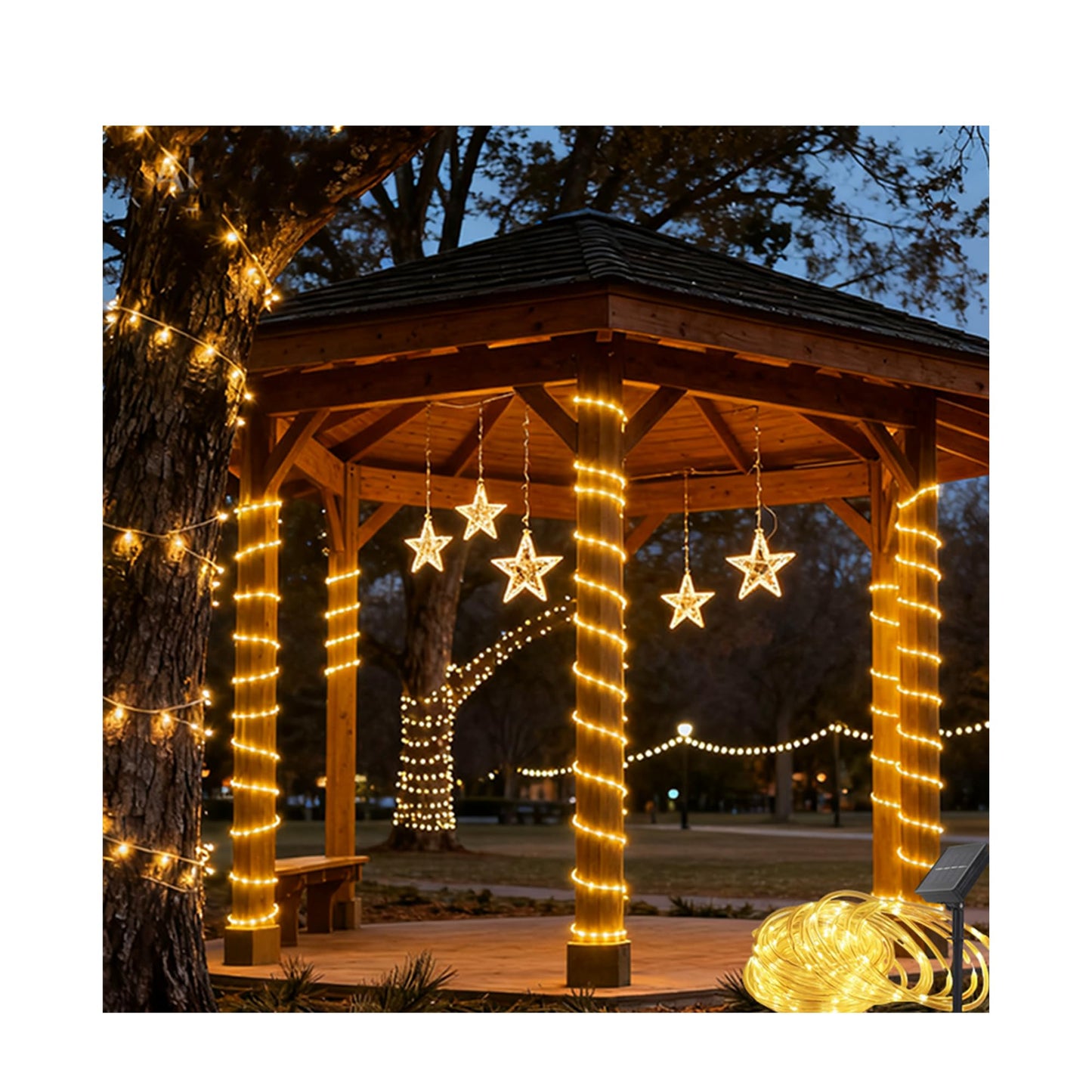Honche Solar Rope Light 33FT 100LED IP65 Waterproof Outdoor LED Copper Fairy String Tube Lights for Party Gazebo Garden Patio Stair Balcony Fence Tree Daily Christmas Decoration (Solar-Warm White)