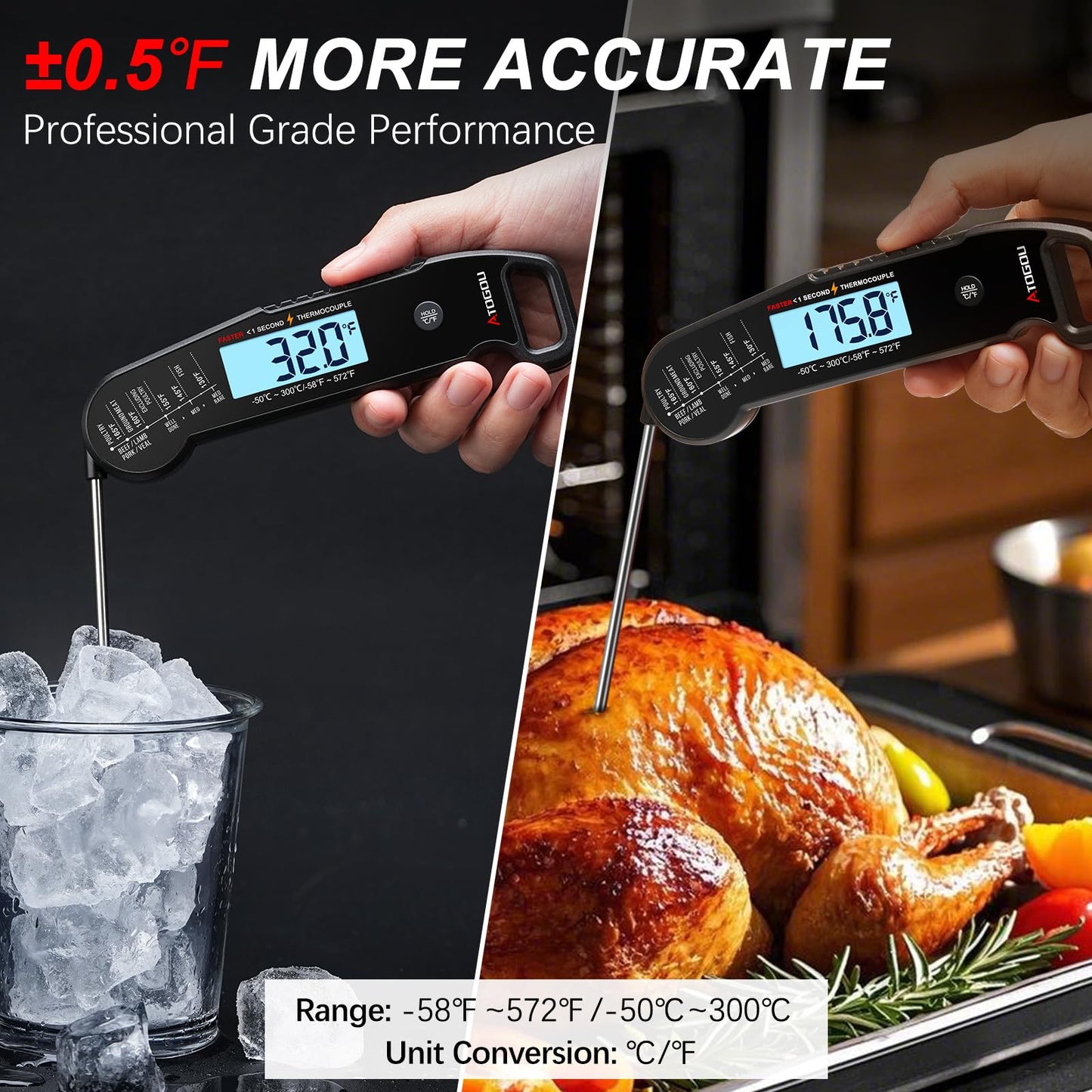Professional Food & Meat Thermometer, 1 Sec Instant Read & ±0.5℉ Accuracy Driven by Thermocouple Sensor. IP67 Waterproof Digital Thermometer for Cooking, BBQ, Grill Gifts for Men Him Dad Birthday