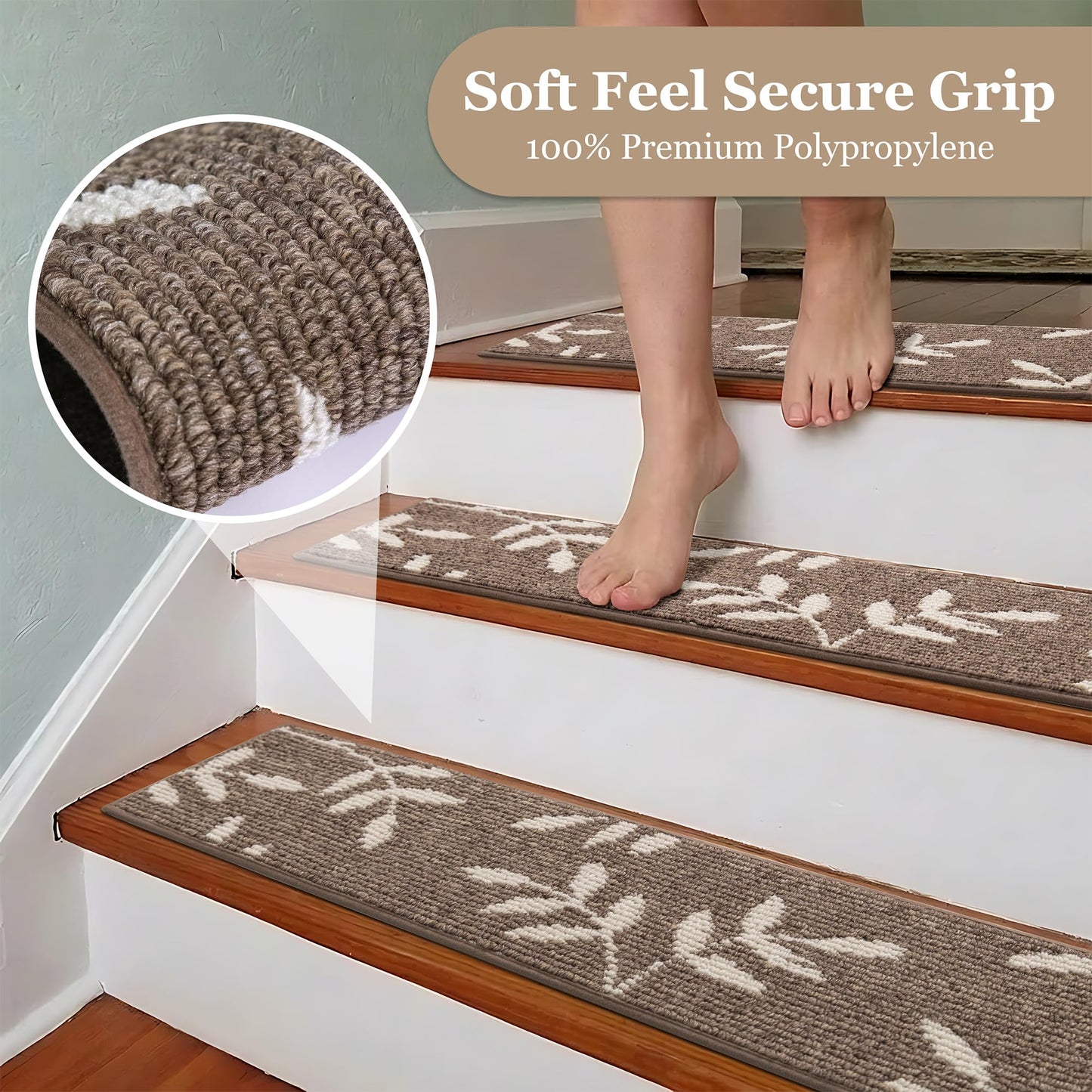 TANVILL Carpet Stair Treads, Non-Slip Stair Treads for Wooden Steps Indoor, 30”x8” Stair Runner for Pets Non Skid Wood Staircase Step Treads Reusable, Set of 15, Brown