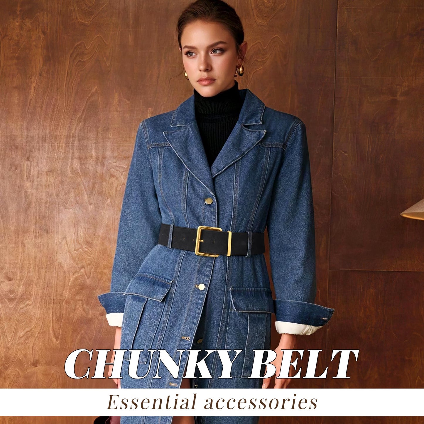 WERFORU Women Wide Chunky Belt for Dresses Fashion Thick Suede Belt with Big Gold Buck,Black