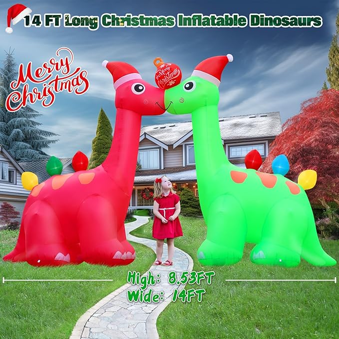FunFanso 14 FT Long Christmas Inflatable Decoration Two Dinosaurs Archway with Xmas Ball, Giant Blow up Dinosaurs with Powerful Blower, Huge Outdoor Decor Built-in LED Lights for Garden Yard Holiday