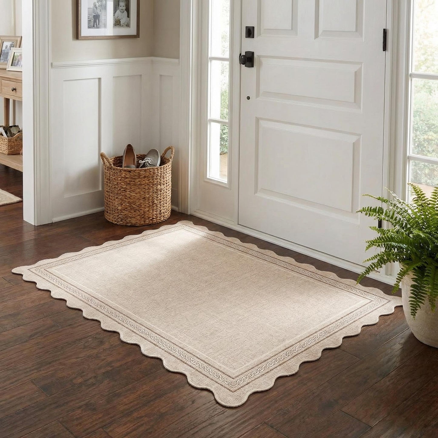 GarveeHome Scalloped Door Mat Indoor Entrance 2x3 Rug Machine Washable Boho Solid Small Area Rug Non-Slip Low Pile Throw Rugs for Entryway Kitchen Front Door Indoor Entrance Entry Kids Room, Beige