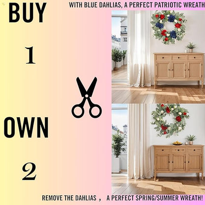 22IN Spring Summer Wreath Patriotic Wreath with Dahlia, Peony, Eucalyptus Leaves. Ivy for Front Door Wall Decor Indoor Outdoor