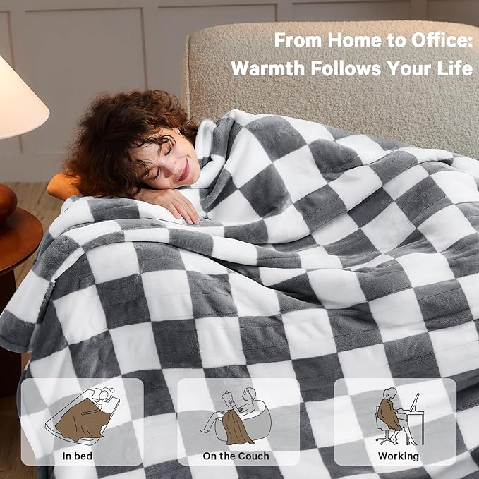 Heated Electric Blanket Twin Size, 62X84 Heating Blanket with 10 Heat Level & 8 Hours Auto Off, Light Gray Checkered Plaid Soft Fleece Sherpa Blankets Warmer Gifts for Couch Grandma Women Adults
