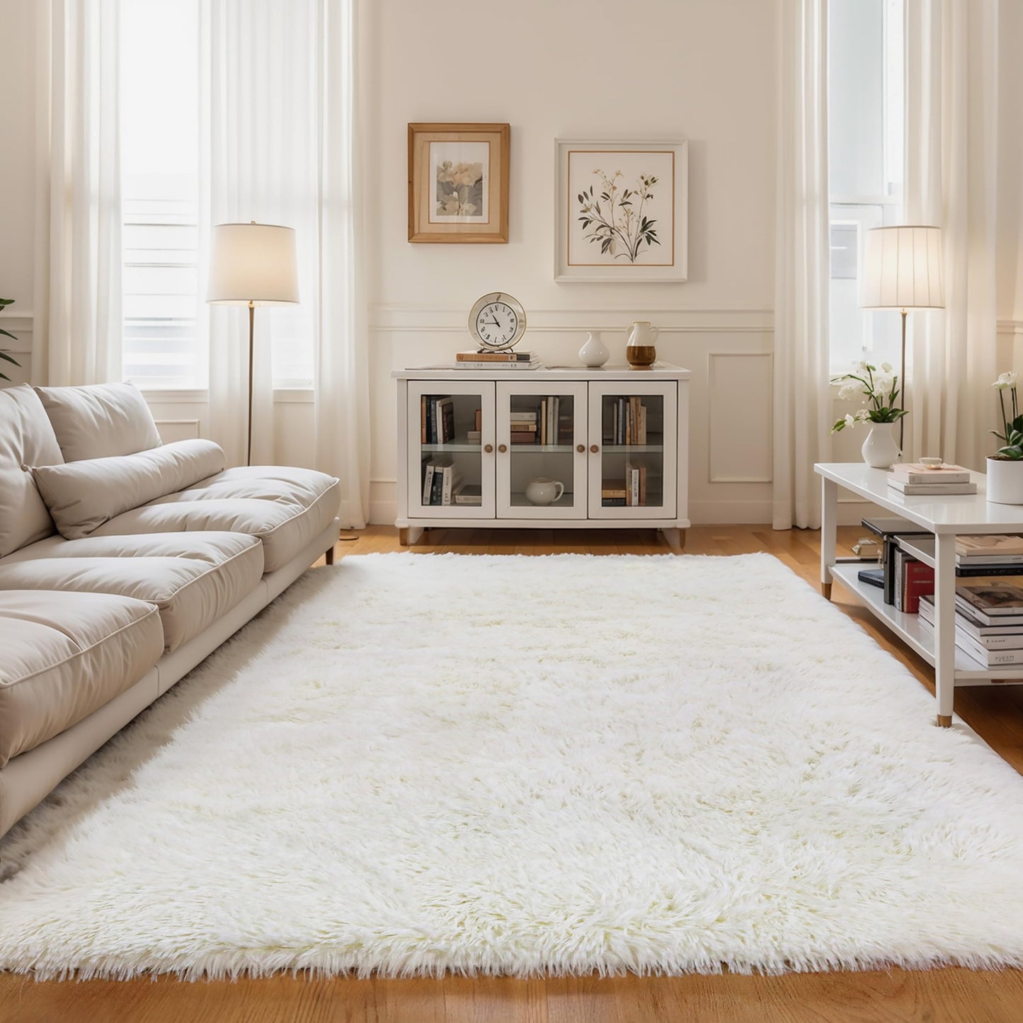 KCHOWUA Cream White Fluffy Shag Rug for Bedroom,4'x6' Machine Washable Soft Shaggy Fuzzy Small Area Rugs for Living Room,Cute Furry Plush Kids Rugs Nursery Dorm Boys Girls Bed Room Carpets,Ivory