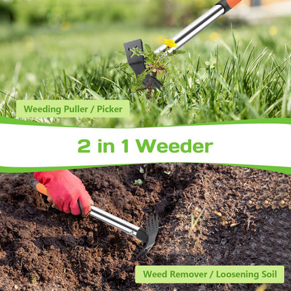 Upgraded 17" Weed Puller Tool, Portable Garden Weed Pulling Tool for Weeding Uprooting Planting, 2 in 1 Hoe & 4 Teeth Rake Manual Weeder, Durable Weed Remover Gardening Hand Tools for Yard Lawn Farm