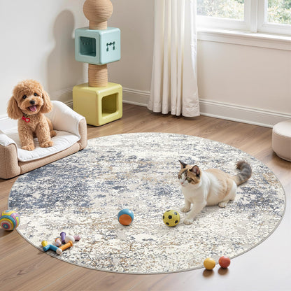 DMOYEST 5ft Round Area Rug Living Room Rugs - 5x5 Washable Large Soft Indoor Neutral Modern Abstract Low Pile Rug Carpet for Bedroom Dining Room Farmhouse Home Office - Beige Blue