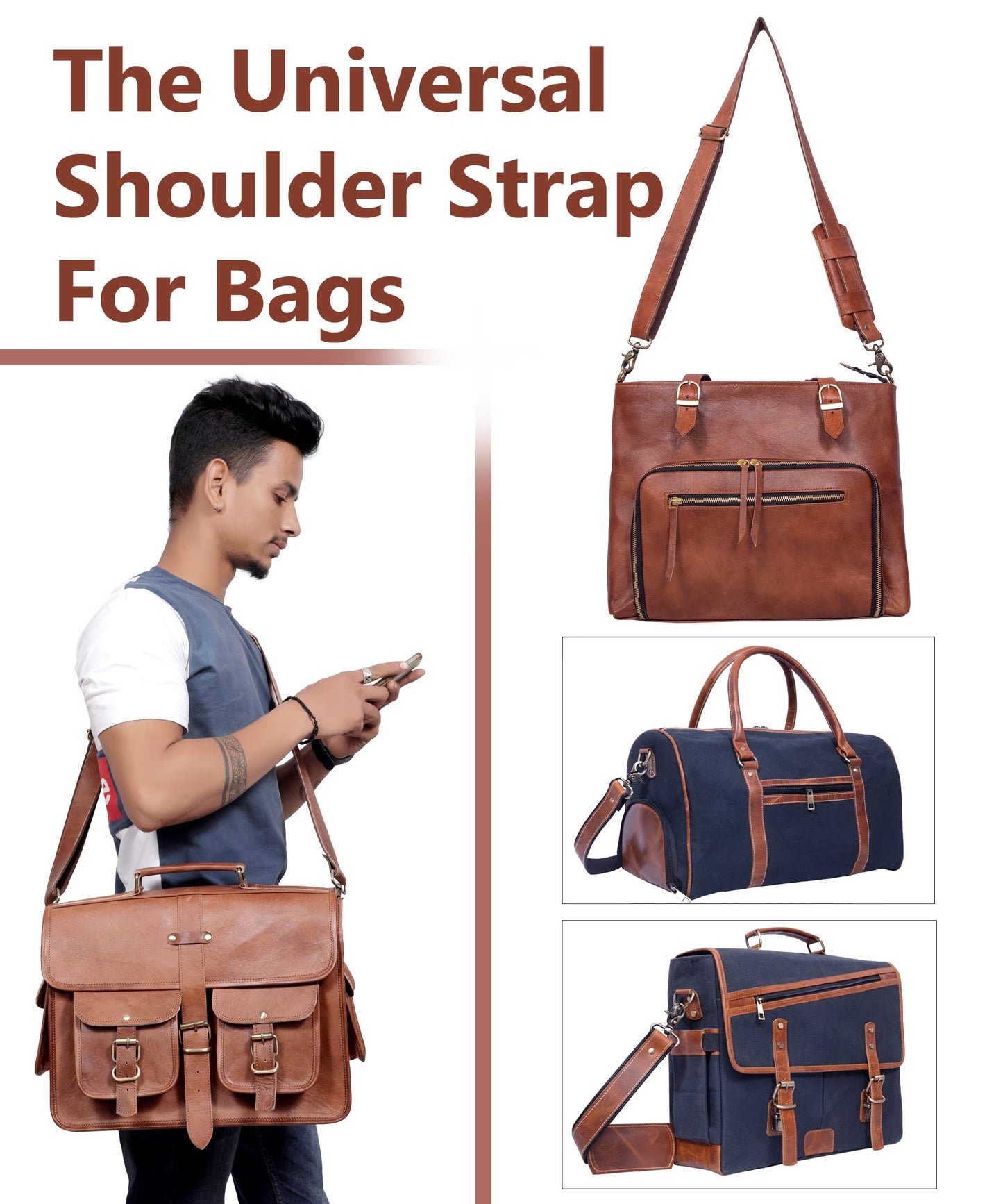 Adjustable 60-inch Real Leather Bag Replacement Shoulder Strap Comfort Fit Padded with Metal Swivel Hooks for Crossbody Purses, Laptop Messenger Bags, Handbags and Duffle Luggage Straps (Brown)
