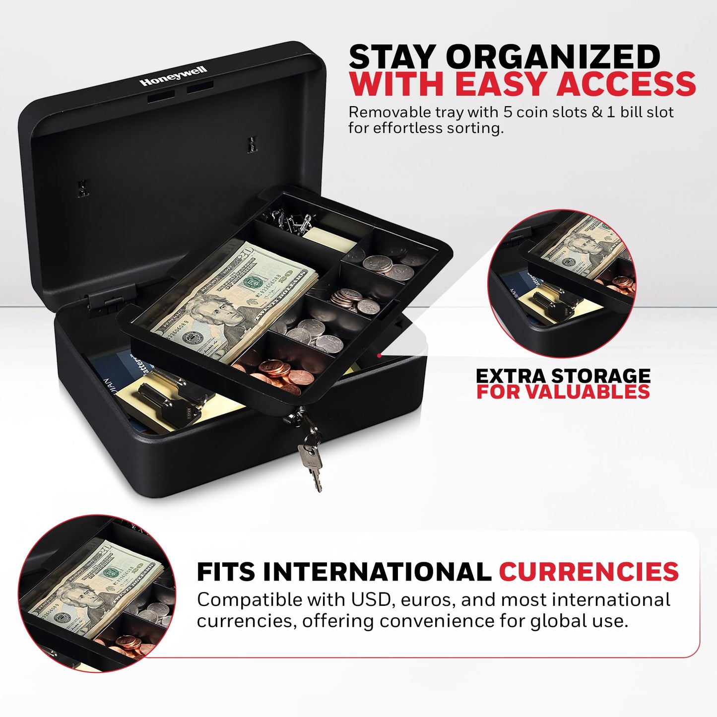 Honeywell Safes & Door Locks - Standard Small Cash Box with Removable Money Tray - Storage Under Tray & 5 Coin Slots - Durable Metal Safe with Key Lock - Saving Money Lock Box - Black, 0.14 CU - 6112