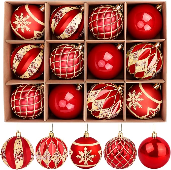 EveryMerry 12-Pack 3.1 Inch Christmas Ornaments Set - Red & Gold Ornament Balls with 5 Various Designs, Decorations with Strings, Sturdy, Kraft Box with Lid for Xmas Tree, Holiday Party & Home Decor
