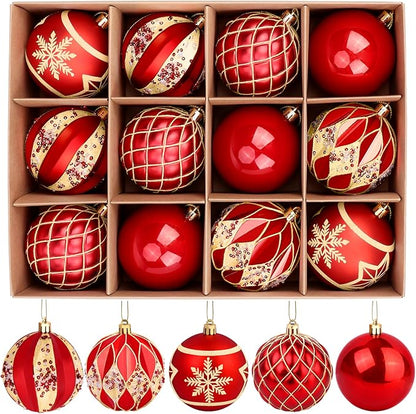 EveryMerry 12-Pack 3.1 Inch Christmas Ornaments Set - Red & Gold Ornament Balls with 5 Various Designs, Decorations with Strings, Sturdy, Kraft Box with Lid for Xmas Tree, Holiday Party & Home Decor