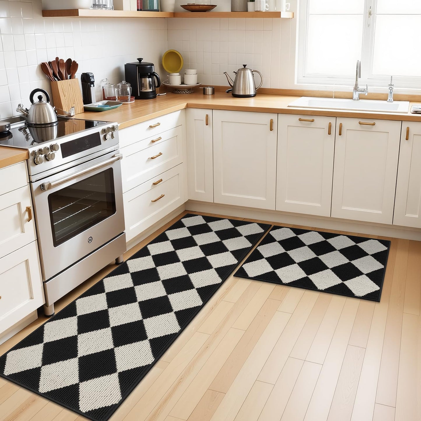 SHACOS 3Pcs Kitchen Rug, Checkered Kitchen Mat for Floor, Washable Non Slip Runner Rug for Hallway Entryway, Kitchen Runner Set for Kitchen, Front of Sink (17"x30"+17"x47"+17"x59", Black/White)