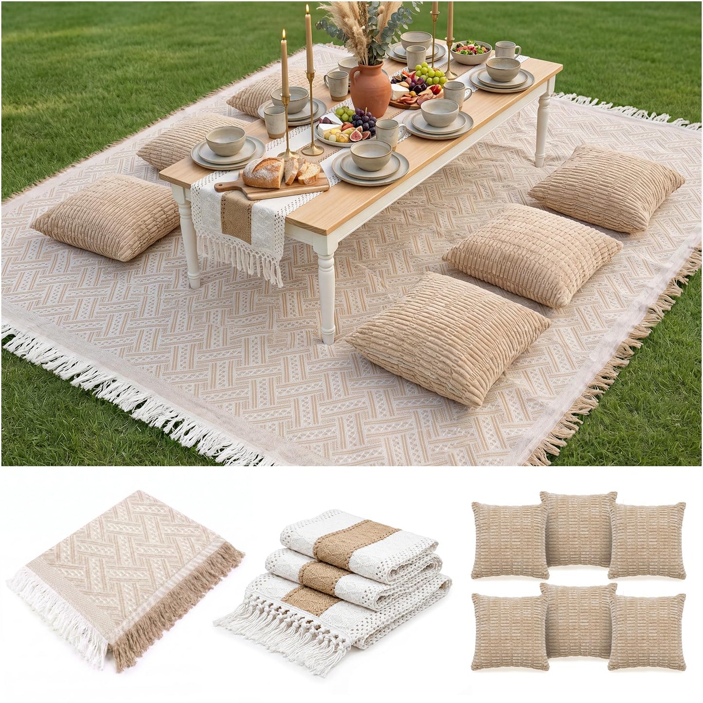 Extra Large Outdoor Rug Boho Picnic Blanket with Low Table Runner and 6 Throw Pillows Covers Set for Beach Essentials Beach Accessories Garden Party Decoration Patio Park Lawn Grass Festival Mat XL