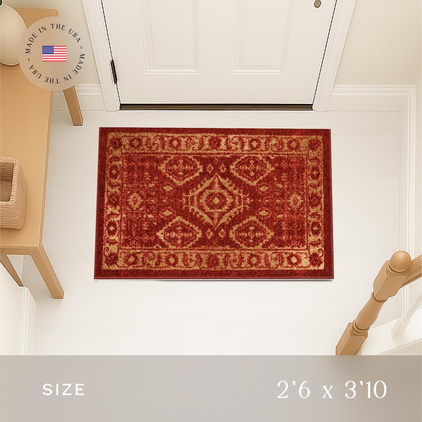 Maples Rugs Georgina Traditional Area Rug – Made in USA – Washable, Non Slip Indoor Carpet for Entryway, Foyer, Kitchen, and Bathroom, 2'6 x 3'10, Red/Gold