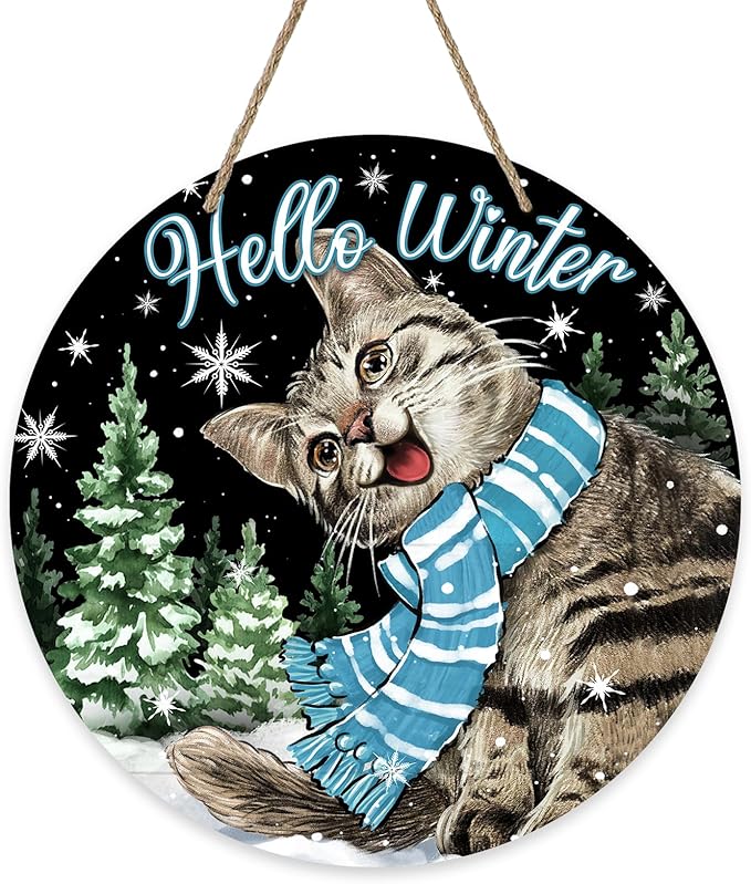 Deroro Hello Winter Cat Black Front Door Sign, Kitty Kitten Pine Tree Snowflakes Wood Door Hanger Outdoor Outside Porch Decor, Christmas Holiday Seasonal Wooden Wreath Indoor Wall Hanging Decoration