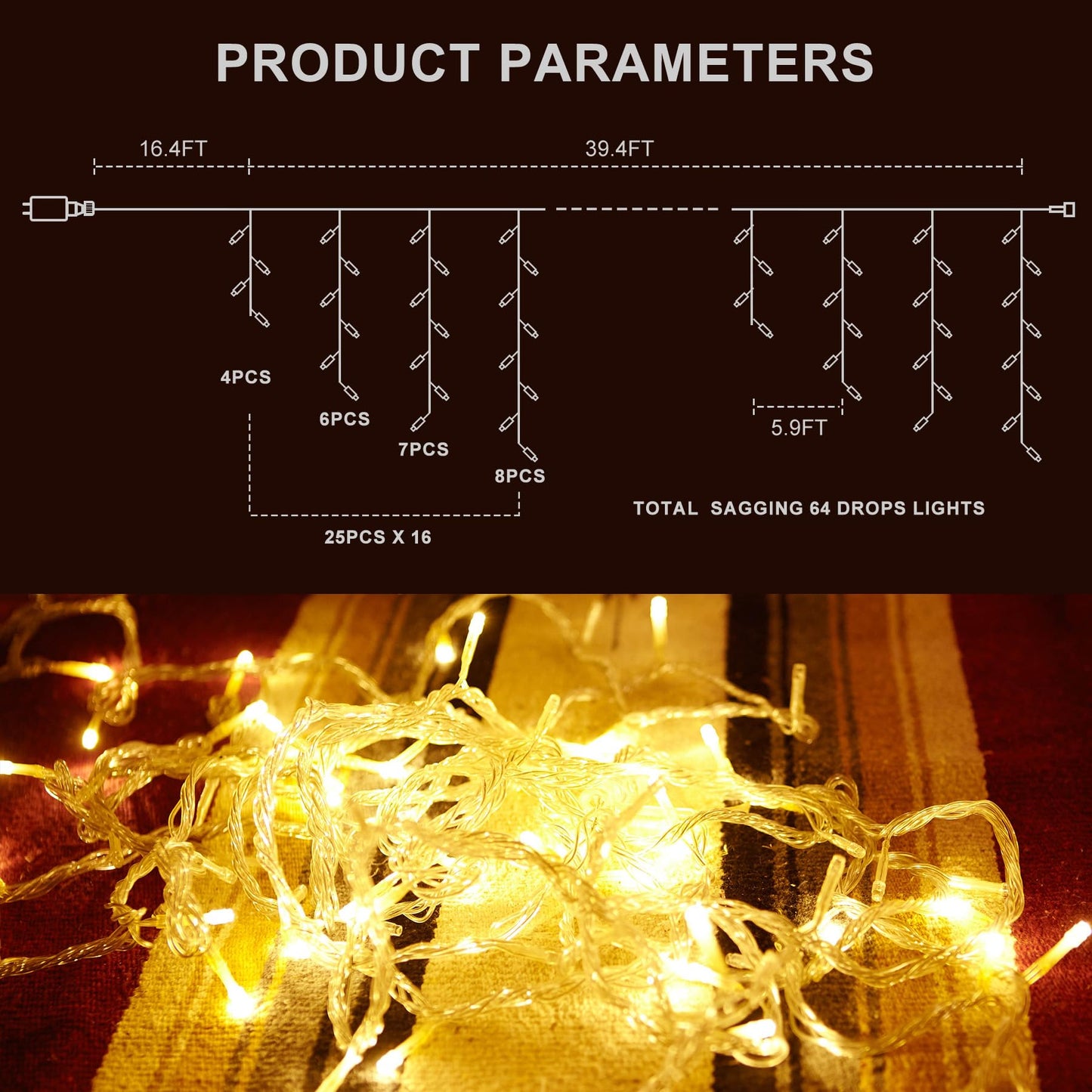 LED Icicle Lights for Outdoor Christmas Decorations,39.4Ft 400 LEDs Christmas Fairy Light with Timer&Memory Function,8 Lighting Modes,Plug in hanging Curtain Lights for Xmas Party Wedding(Warm White)