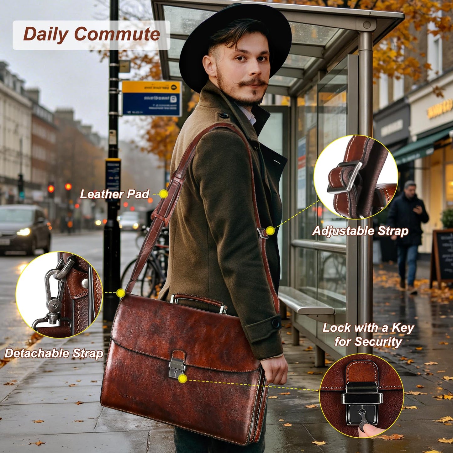Banuce Italian Full Grain Leather Briefcase for Men Fits 15.6 Inch Laptop Office Work with Anti-theft Lock and Luggage Strap for Business Travel Brown