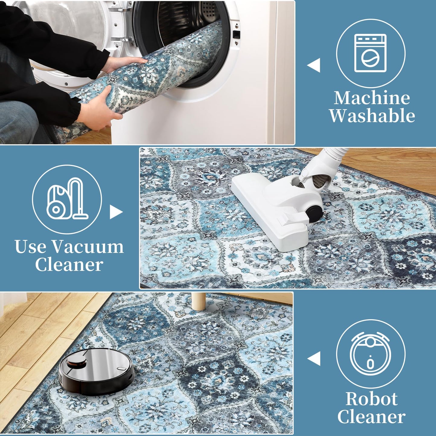 Garvee Living Room Rug 8x10 Washable Rug Trellis Rugs for Bedroom Non Slip Low Pile Indoor Carpet Soft Non-Shedding Foldable Thin Mat for Bedroom Dining Room Farmhouse Kids Playroom Office Blue