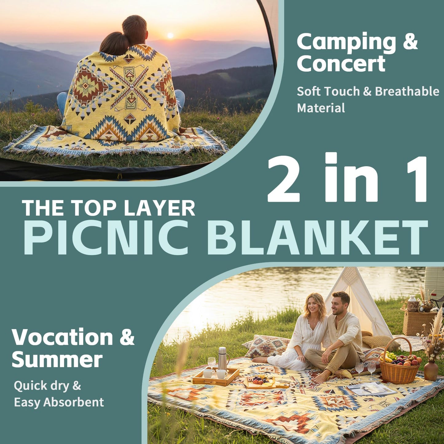 2 in 1 Extra Large Camping Blanket Outdoor Rug Picnic Yoga Mat Lightweight Car Essential Roadtrip Gadget Rv Accessories Glamping Gear Must Haves Hiking Stuff Backpacking Necessities Women Beach Gift