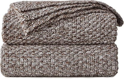 Longhui bedding Coffee Knitted Throw Blanket for Couch, Soft, Cozy Machine Washable 100% Cotton Sofa Knit Blankets, Heavy 3.0lb Weight, 51 x 63 Inches, Coffee and White Color.