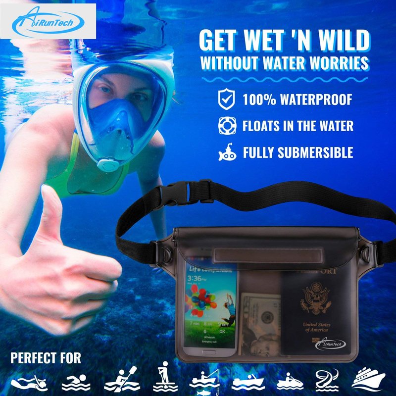AiRunTech Waterproof Fanny Pack, Beach Cruise Vacation Essentials, Waterproof Pouch Protect Phone Passport Valuables Dry Safety, Paddle Board Kayaking Boating Swimming Accessories-2 Pack（Gray + Black）