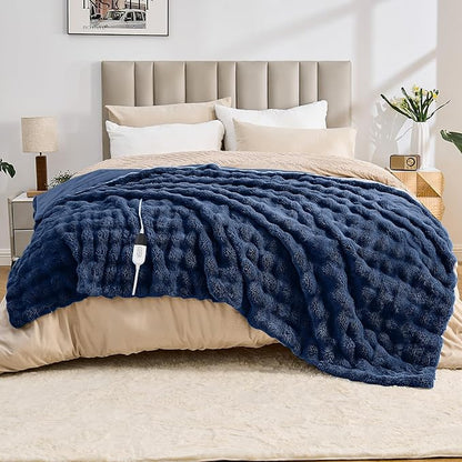 Heated Blanket Electric Throw Blanket 72''X 84''-Heating Blanket with 6 Heat Settings-10 Hours Auto Off,Cozy Faux Rabbit Fur Bubble Electric Blanket,Navy Blue