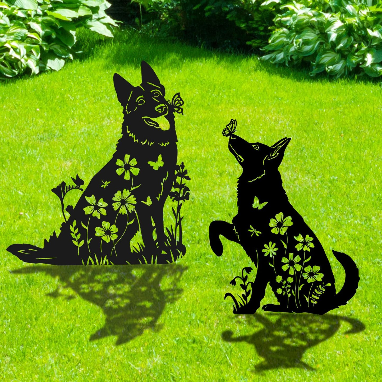 Rngmsi German Shepherd Metal Garden Stakes Yard Decor, 2PCS Black Dog Silhouette Statues Garden Decorative Gifts for Yard Art, Patio, Outside, Lawn Ornaments, Christmas, Backyard