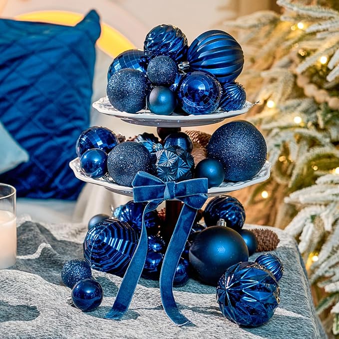 JORNOY Christmas Tree Ornaments Set, 47 Pack Assorted Shatterproof Hanging Balls Decorations, Plastic Bulbs Bulk with Lanyard for Home Holiday Party Decor, 3-Sizes (Navy Blue)