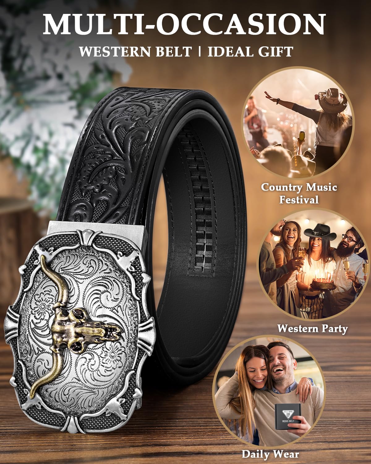BELTROAD Western Ratchet Belts for Men Women Cowboy Belt Western Leather Ratchet Men's Slid Belt Gift, Cut for Fit