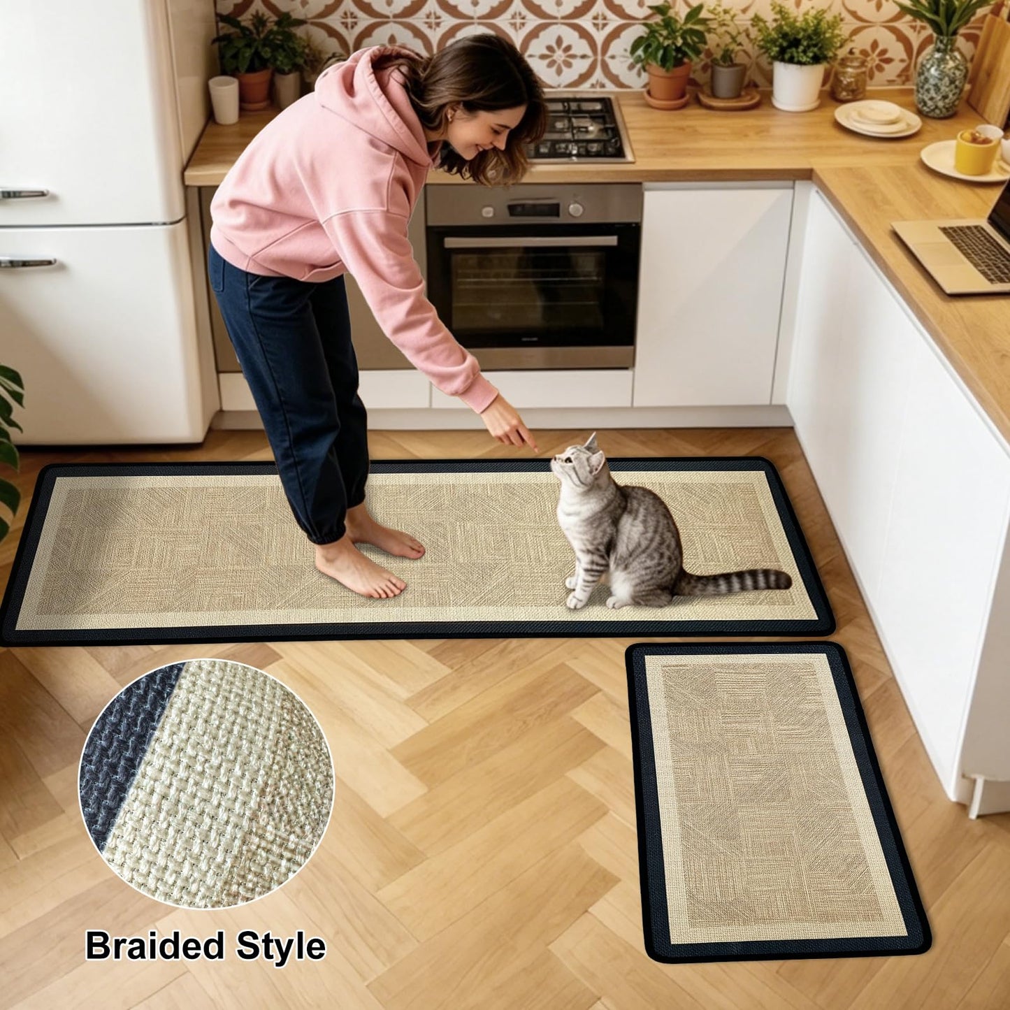winolive Kitchen Mat Kitchen Rugs Sets of 2 PCS,Neutral Braided Kitchen Mats for Floor,Thick Rubber Backing and Comfort Standing Runner Rugs,Anti Fatigue,Machine Washable,Beige,17"x30"+17"x47"