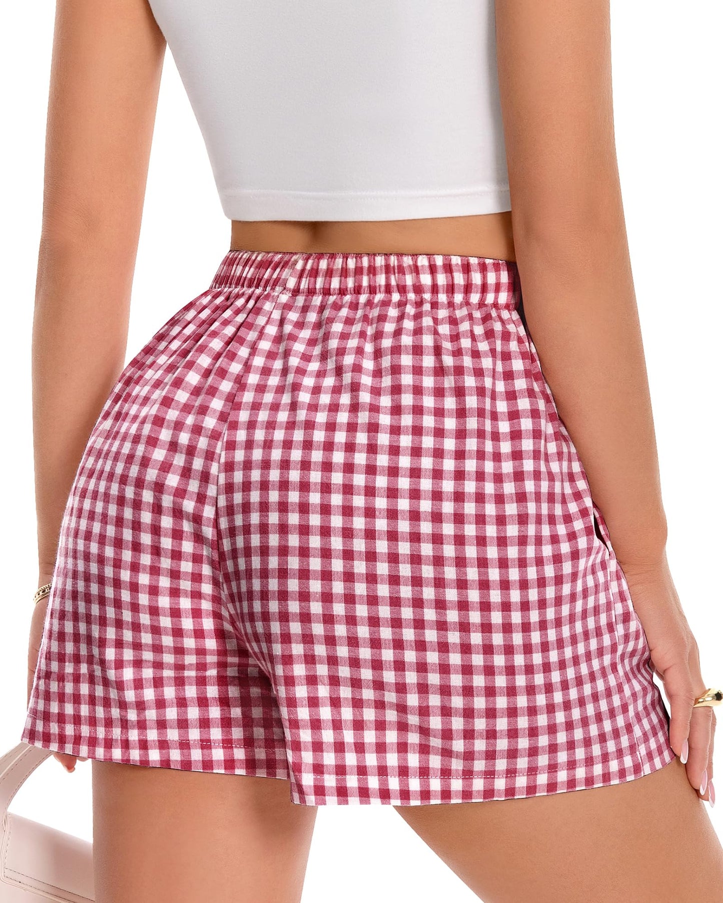 Boxer Shorts for Women Summer Gingham Pajama Casual Plaid Shorts Y2K Beach Bottoms with Pocket(Red, M)