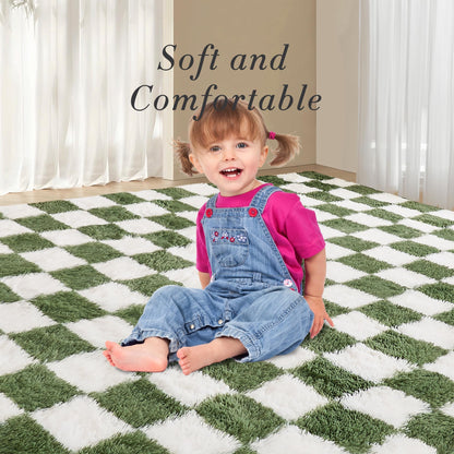 Andency 5x7 Ft Green and White Area Rug for Living Room Classic Checkered Shaggy Rug Non-Slip High Pile Soft Fluffy Rug Fuzzy Carpet Bedroom Kids Toddler Room Nursery Playroom, Cute Dorm Home Decor