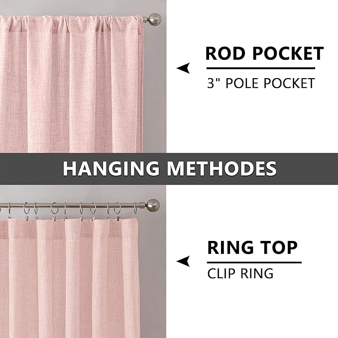 Tollpiz Linen Curtain Living Room Rod Pocket Semi Sheer Curtains Burlap Light Filtering Thick Linen Drape for Bedroom, 54 x 72 inches Long, Pink, Set of 2 Panels