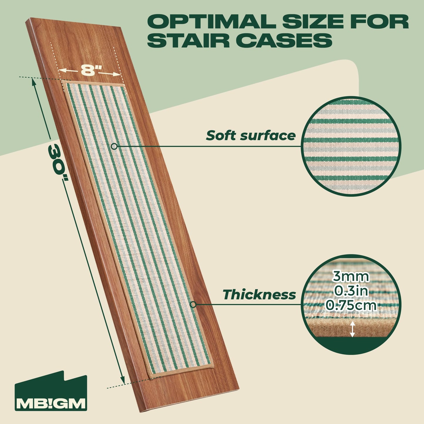 MBIGM 8" X 30" (15 in Pack) Non-Slip Carpet Stair Treads Non-Skid Safety Rug Slip Resistant Indoor Runner for Kids Elders & Pets with Reusable Adhesive - Soft Stripes - Serene Sage