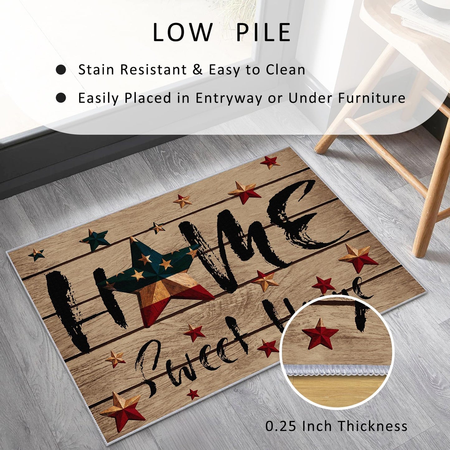 PLMHXC Country Primitive Area Rugs, 3x4ft, Home Sweet Home Vintage Wood Barn Star Rugs for Living Room, Non Slip Durable Low Pile Throw Rug, Cozy No Crease Foldable Carpets for Bedside Bedroom