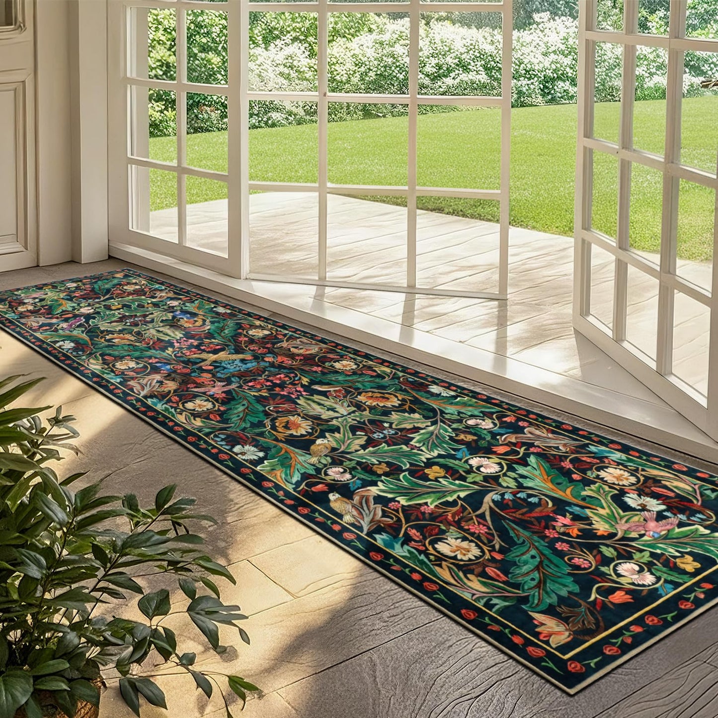 nesrt Boho Washable 3x10 Hallway Runner Rugs, Non Slip Floral Birds Long Kitchen Runners, Soft Jungle Birds Floor Carpet for Entryway, Low Pile Decor Rug for Hall Laundry Bedroom Bathroom (Dark Green)