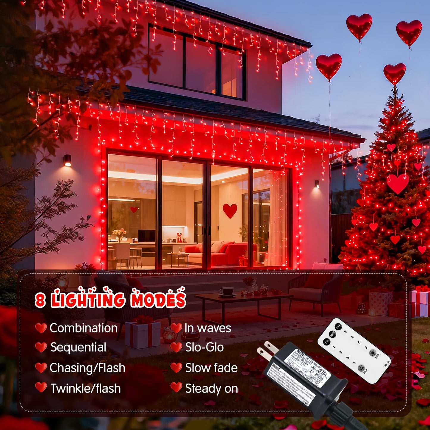JMEXSUSS 400 LED Red Valentine Lights Outdoor, Connectable Red Icicle Lights Indoor Outdoor with Remote, Christmas Light for Valentine Room Fireplace Christmas Decorations