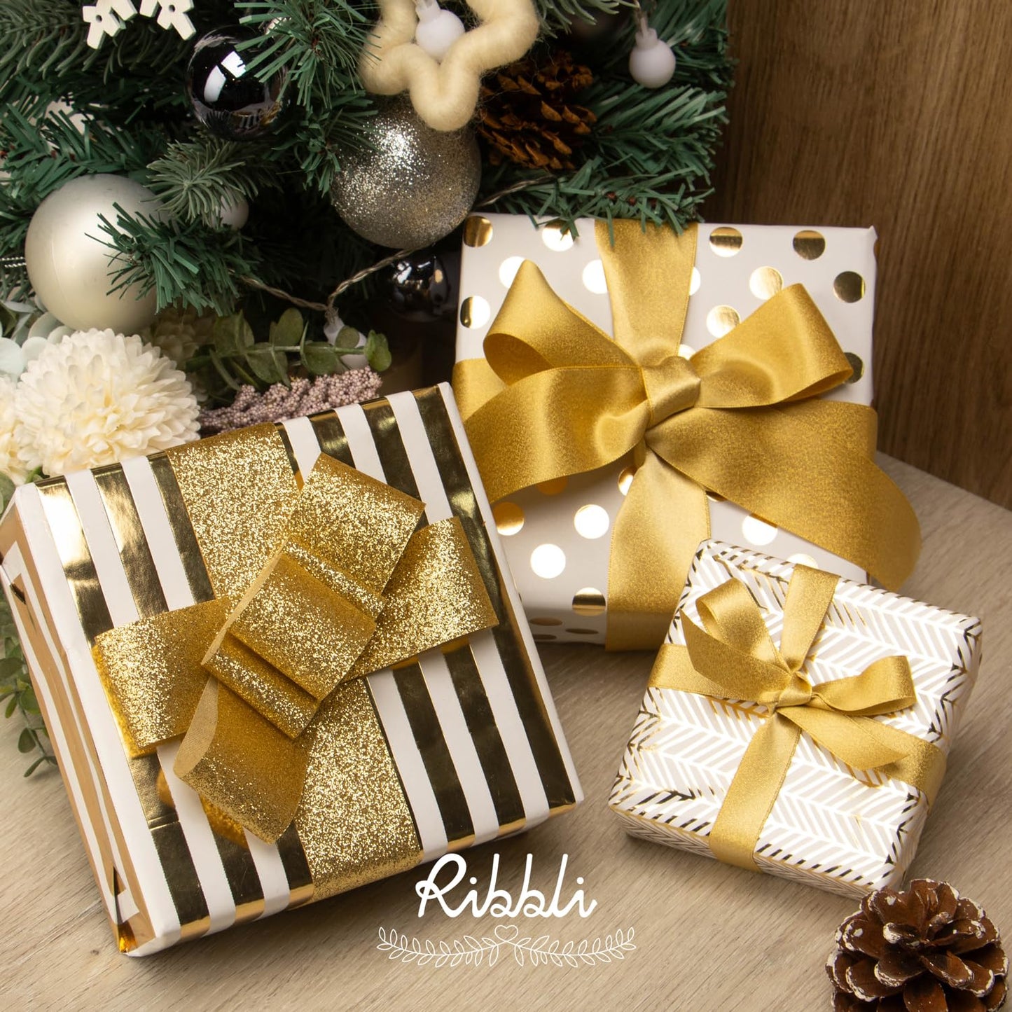 Ribbli Birthday Wrapping Paper White and Gold Gift Wrapping Paper for Christmas Mini Roll, 3 Rolls Polka Dots Stripes Geometry Pattern with Gold Foil - 17 inch x 120 inch(10feet) Per Roll
