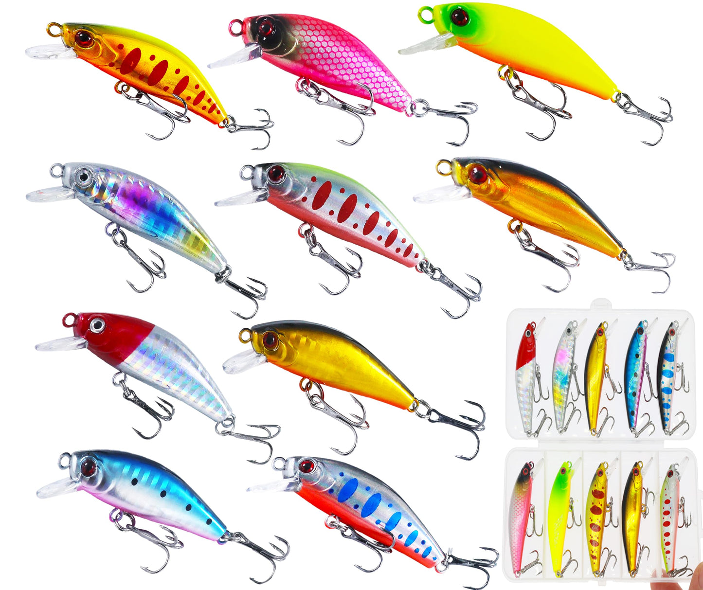 Bass Fishing Lure Lures Kit-Jerkbaits for Shallow Diving Crankbait 45-Degree Bill 3D Eyes,Loud Rattle Saltwater Catfish Trout Lure Artificial Crankbait (10pcs Minnow Lures with Bill)