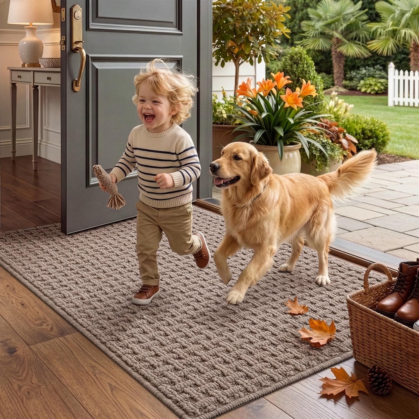 LUMI Washable Door Mat Indoor Entrance 17x30, Dirt Trapper Front Door Mats with Absorbent Interior and Non-Slip Rubber Backing, Entryway Doormat, Beige