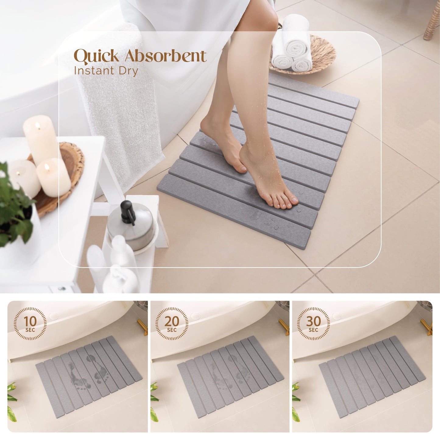 Stone Bath Mat for Bathroom – Roll-Up & Foldable | 23.62" x 15.75" | Quick Drying & Super Absorbent | Long Diatomite Stone Drying Mat for Kitchen| Non-Slip | Durable | Gray