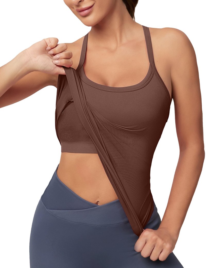 MathCat Workout Tank Tops for Women with Built in Bra, Sleeveless Gym Tops Seamless Racerback Athletic Yoga Shirts Coffee